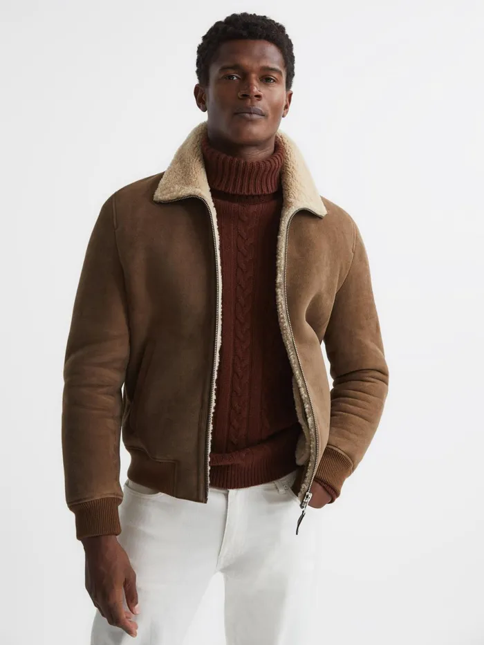 Men Loburn Shearling Jacket Mocha Reiss Leather Jackets