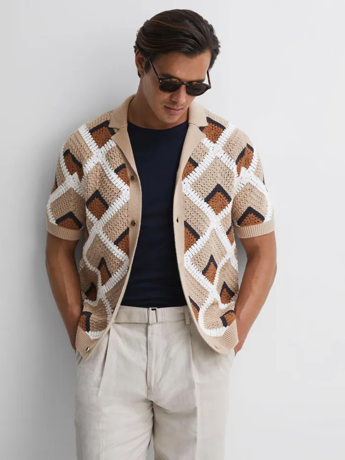 Men Locco Crochet Cuban Collar Shirt Beige Reiss Shirts