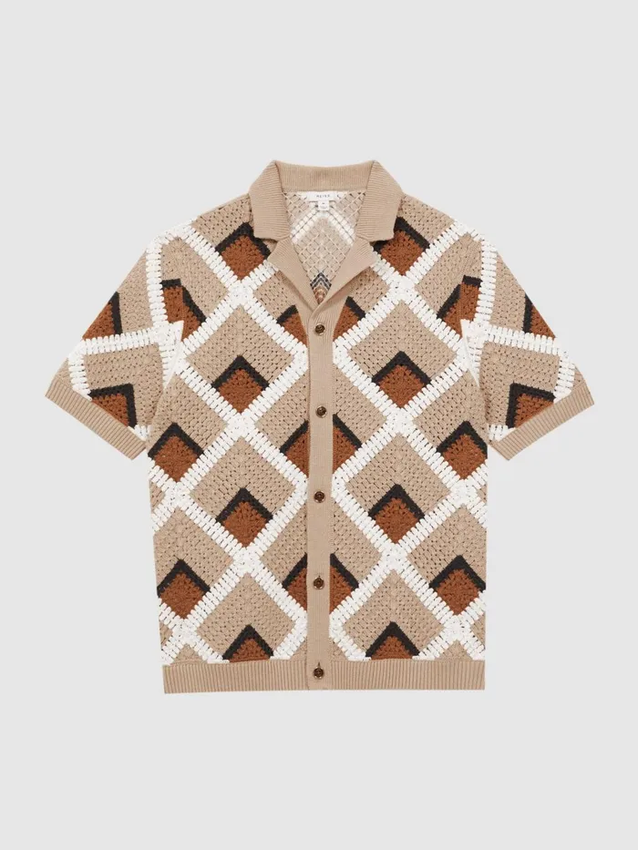 Men Locco Crochet Cuban Collar Shirt Beige Reiss Shirts