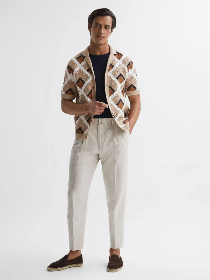 Men Locco Crochet Cuban Collar Shirt Beige Reiss Shirts