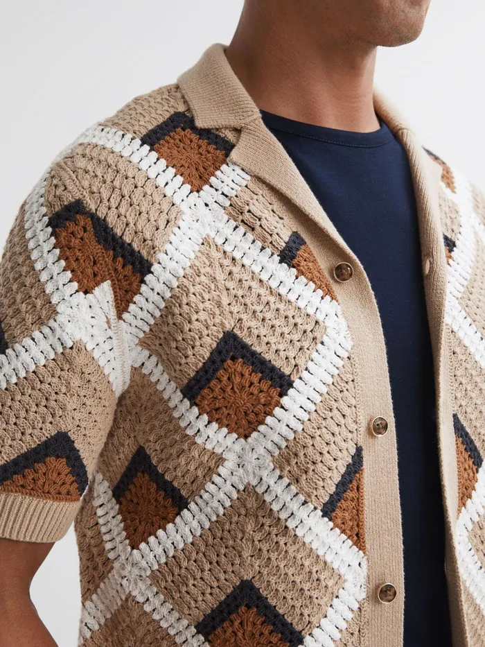 Men Locco Crochet Cuban Collar Shirt Beige Reiss Shirts