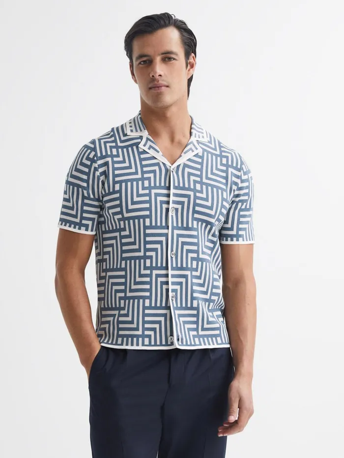 Men Milo Abstract Printed Cuban Collar Shirt Airforce Blue Reiss Shirts