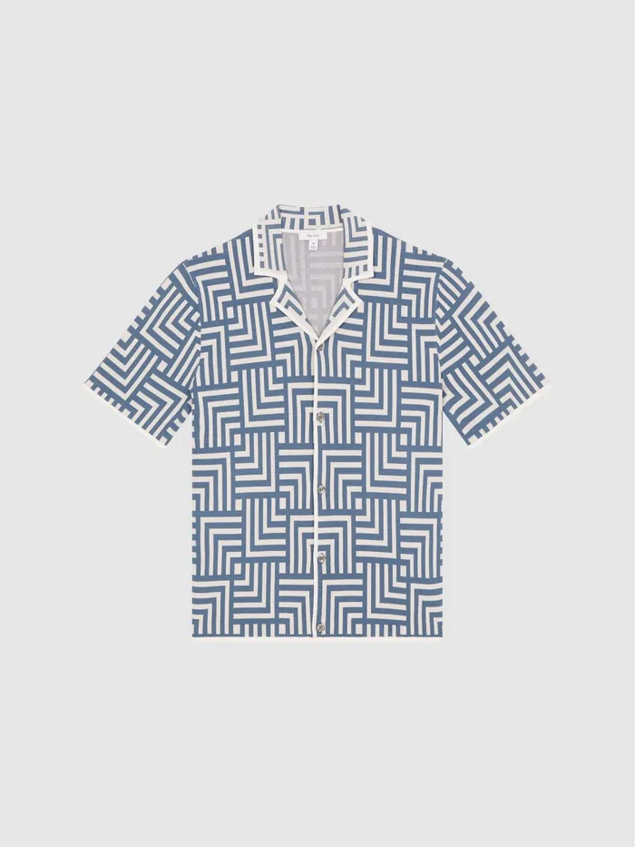 Men Milo Abstract Printed Cuban Collar Shirt Airforce Blue Reiss Shirts