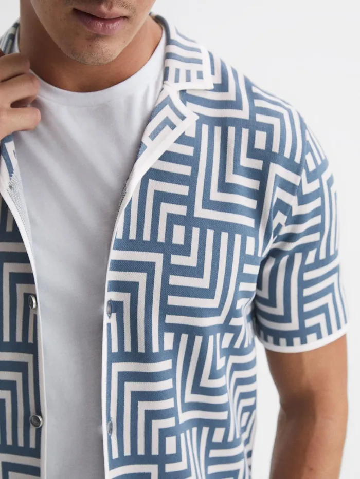 Men Milo Abstract Printed Cuban Collar Shirt Airforce Blue Reiss Shirts