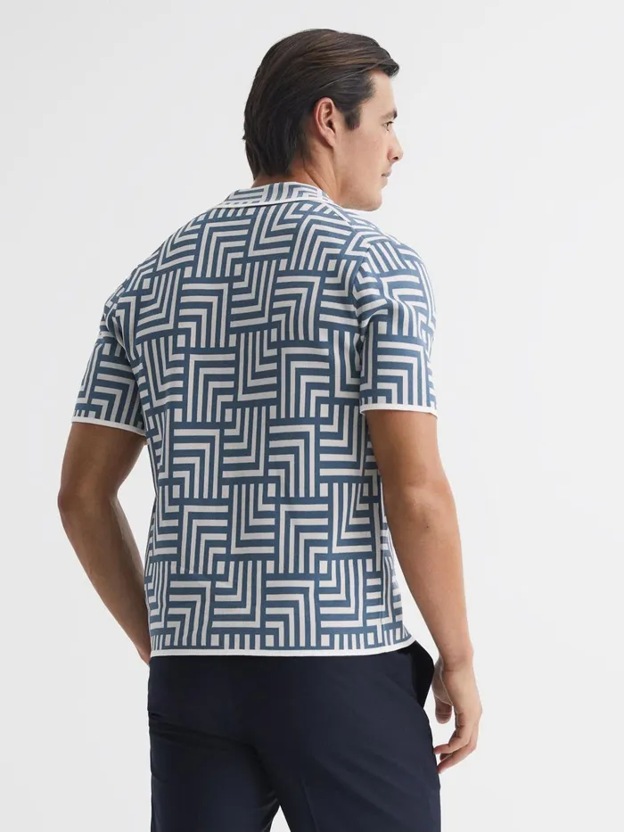 Men Milo Abstract Printed Cuban Collar Shirt Airforce Blue Reiss Shirts