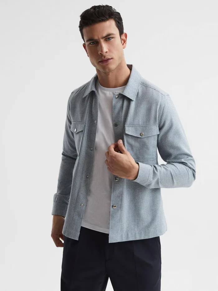 Men Mixon Long Sleeve Puppytooth Overshirt Bluewhite Reiss Shirts