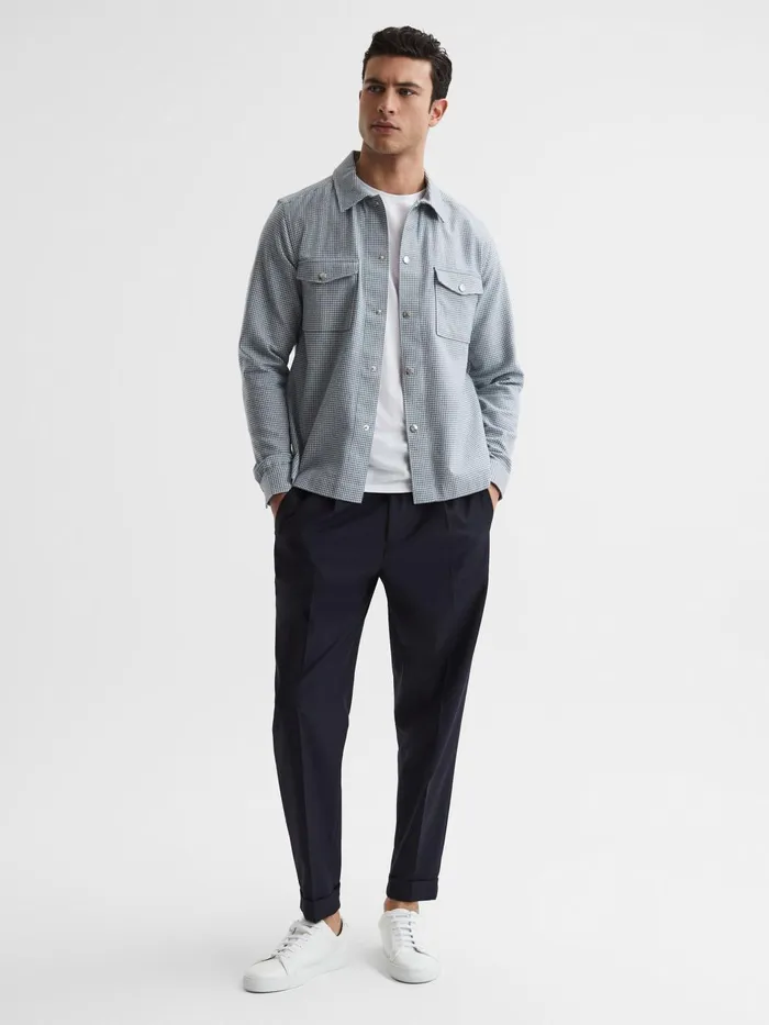 Men Mixon Long Sleeve Puppytooth Overshirt Bluewhite Reiss Shirts