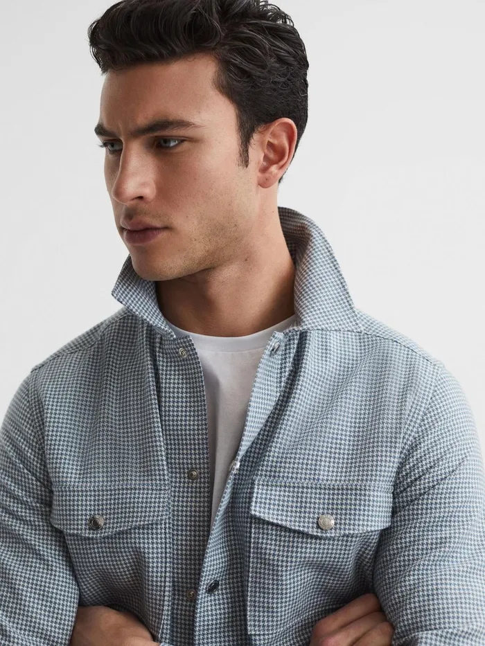 Men Mixon Long Sleeve Puppytooth Overshirt Bluewhite Reiss Shirts