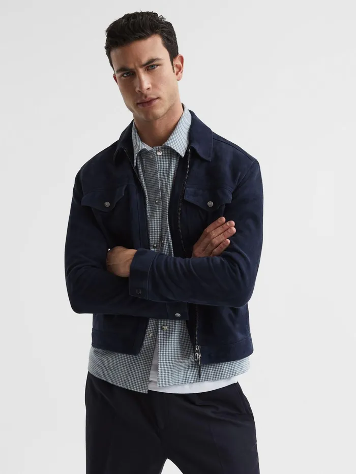 Men Mixon Long Sleeve Puppytooth Overshirt Bluewhite Reiss Shirts