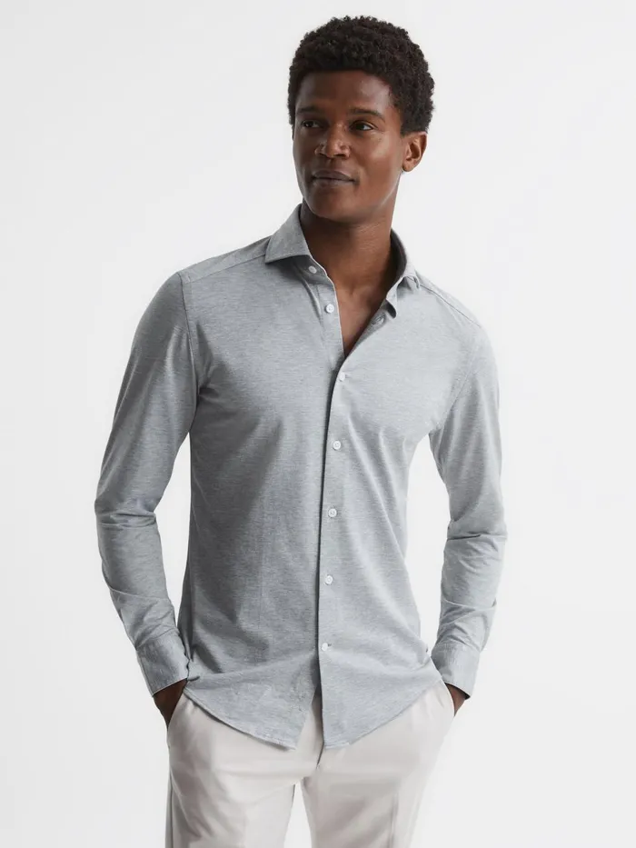 Men Nate Cutaway Collar Jersey Slim Fit Shirt Grey Melange Reiss Shirts
