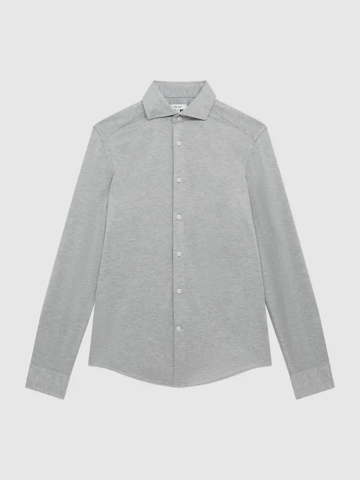 Men Nate Cutaway Collar Jersey Slim Fit Shirt Grey Melange Reiss Shirts