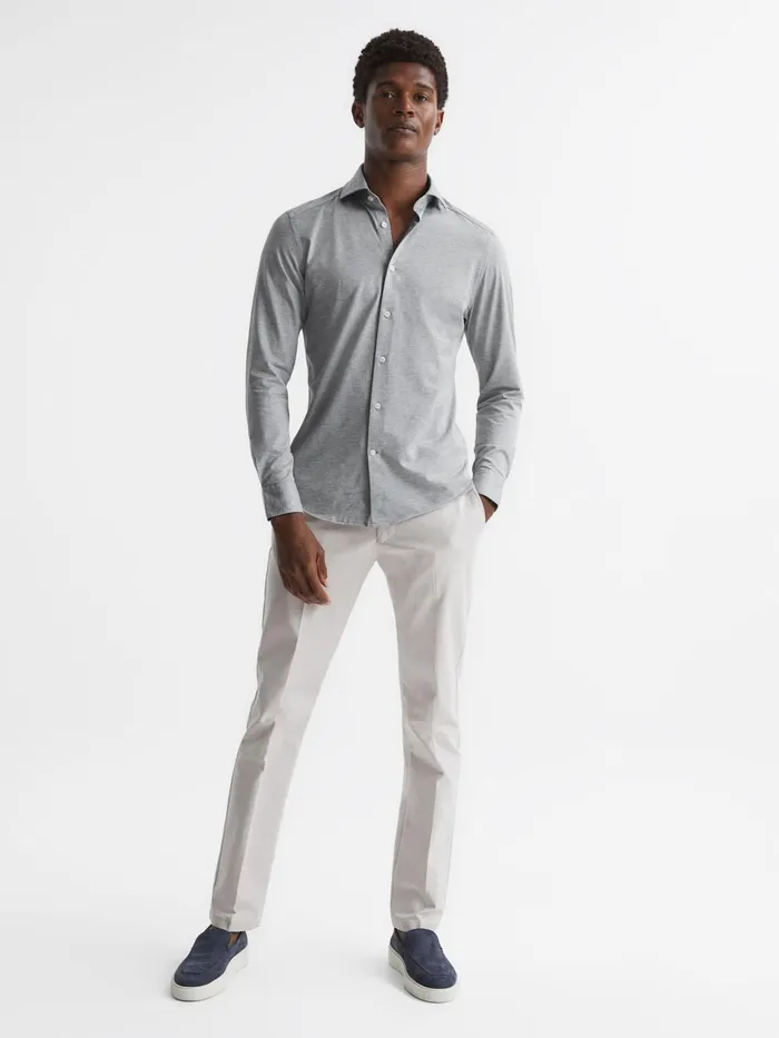 Men Nate Cutaway Collar Jersey Slim Fit Shirt Grey Melange Reiss Shirts