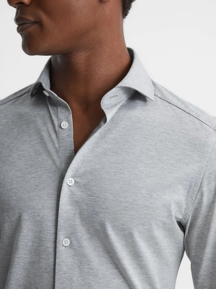 Men Nate Cutaway Collar Jersey Slim Fit Shirt Grey Melange Reiss Shirts