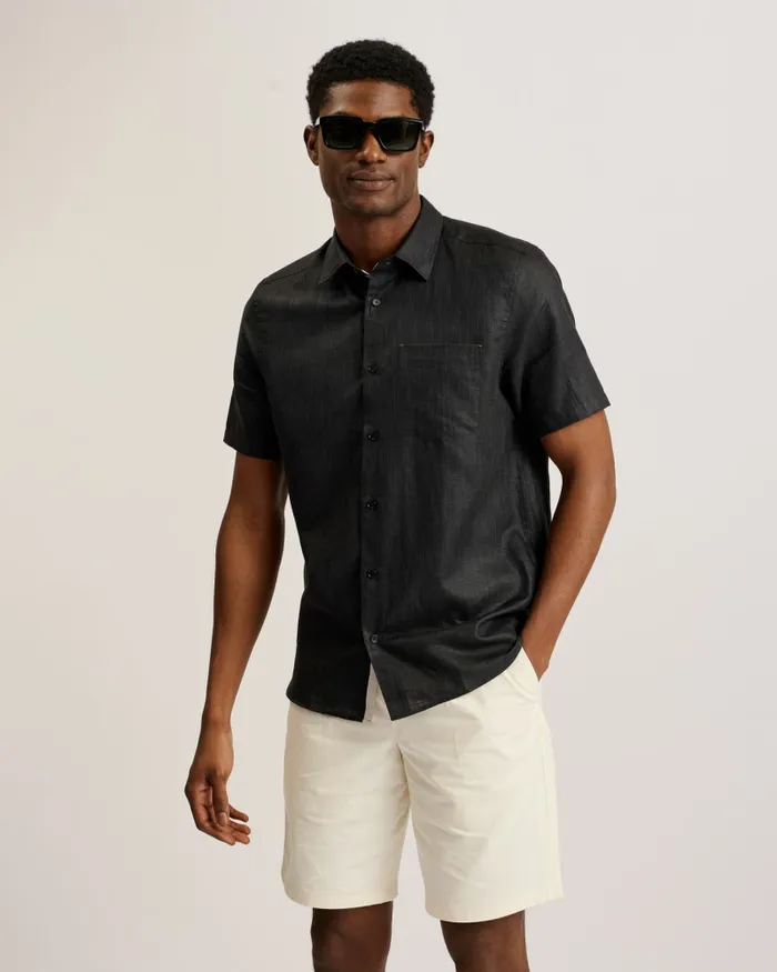 Men PALOMAS 8211 Short Sleeve Linen Cotton Shirt Black Ted Baker Shirts