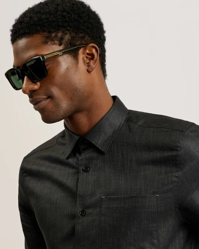 Men PALOMAS 8211 Short Sleeve Linen Cotton Shirt Black Ted Baker Shirts