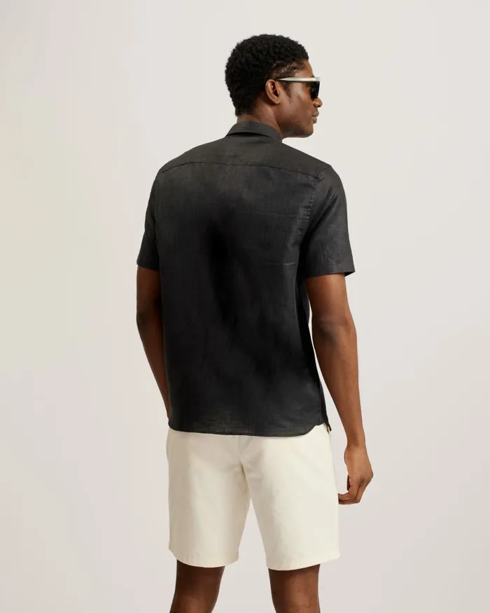 Men PALOMAS 8211 Short Sleeve Linen Cotton Shirt Black Ted Baker Shirts