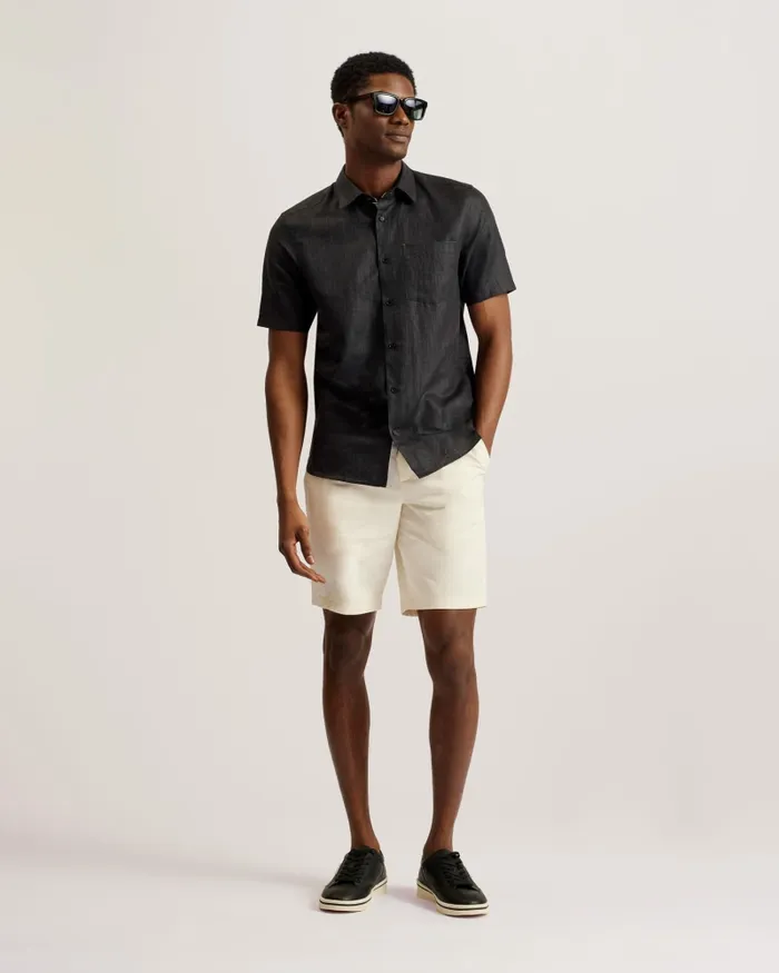 Men PALOMAS 8211 Short Sleeve Linen Cotton Shirt Black Ted Baker Shirts
