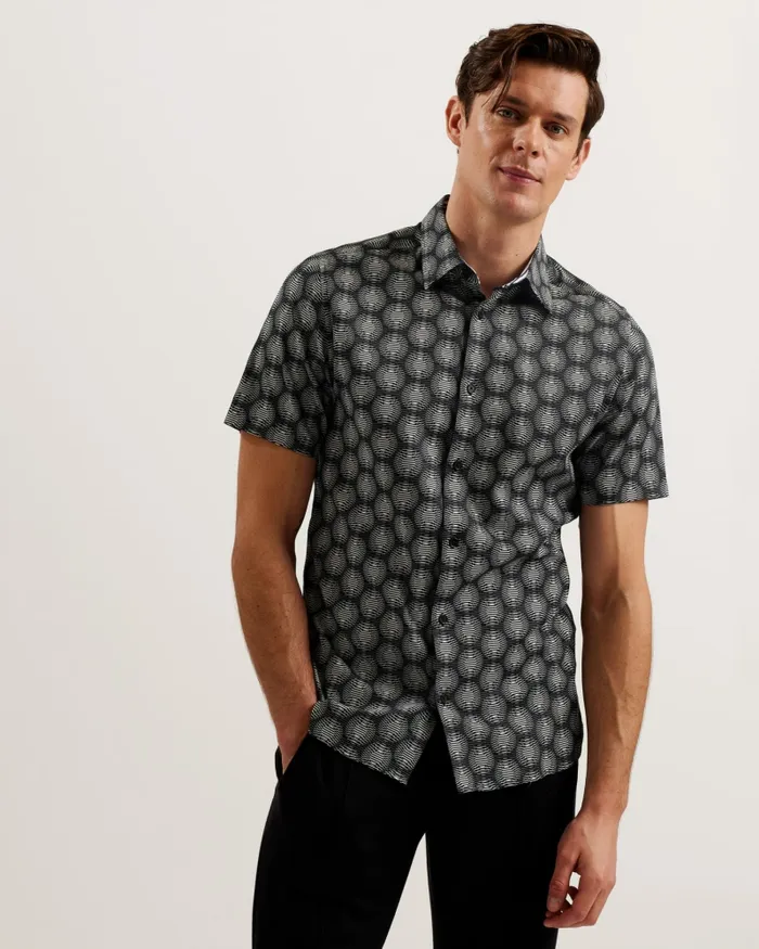 Men PEARSHO 8211 Short Sleeve Circle Geometric Shirt Black Ted Baker Shirts