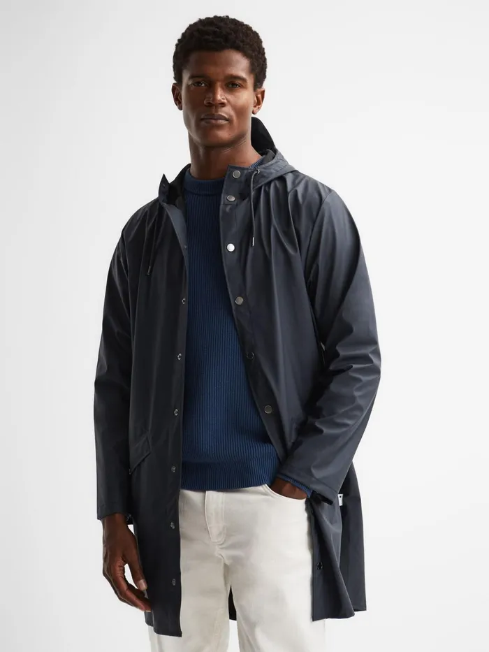 Men Rains Rains Longline Hooded Jacket Dark Green Reiss Coats and Jackets