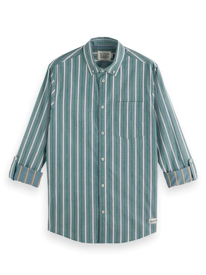 Men Regular Fit Dobby Stripe Shirt Pitch Green Pinstripe Scotch and Soda Shirts Men Regular Fit Dobby Stripe Shirt Pitch Green Pinstripe Scotch and Soda Shirts