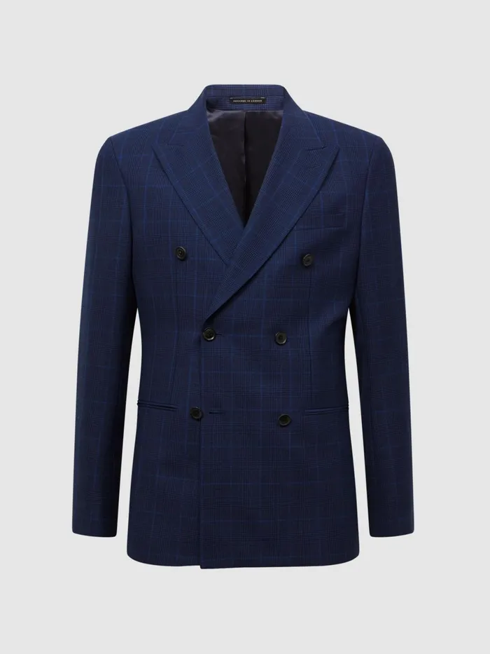 Men Royce Slim Fit Wool Double Breasted Check Blazer Navy Reiss Suits and Tailoring