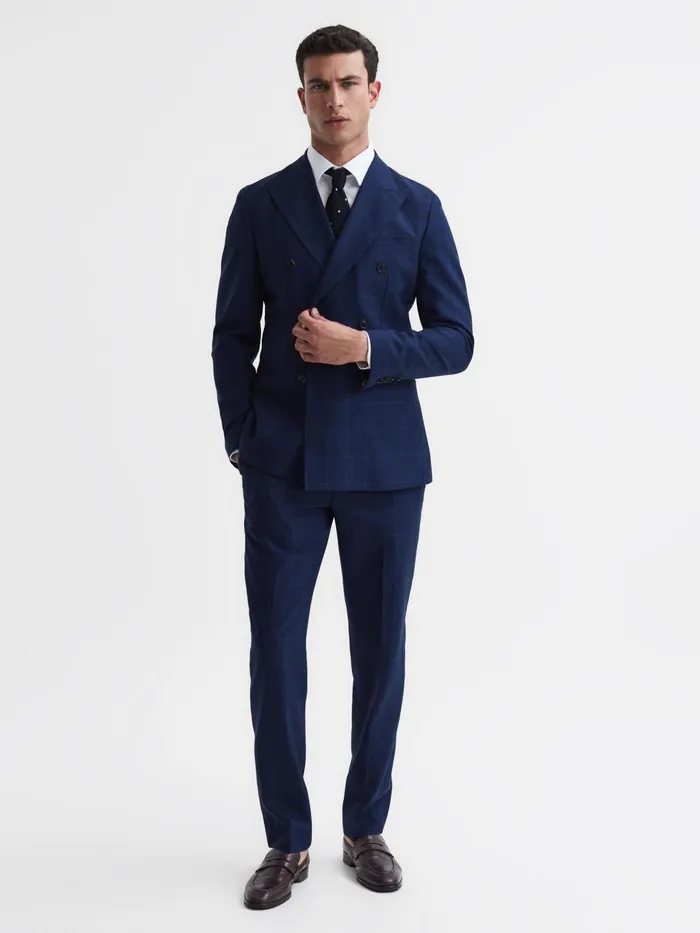 Men Royce Slim Fit Wool Double Breasted Check Blazer Navy Reiss Suits and Tailoring