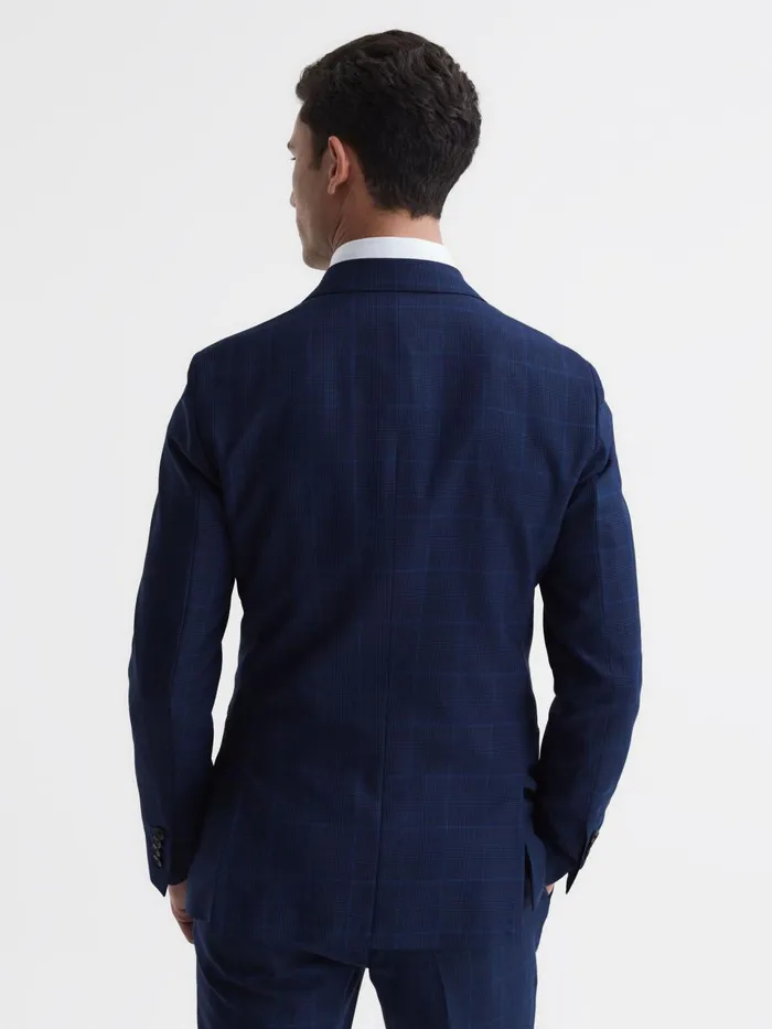 Men Royce Slim Fit Wool Double Breasted Check Blazer Navy Reiss Suits and Tailoring