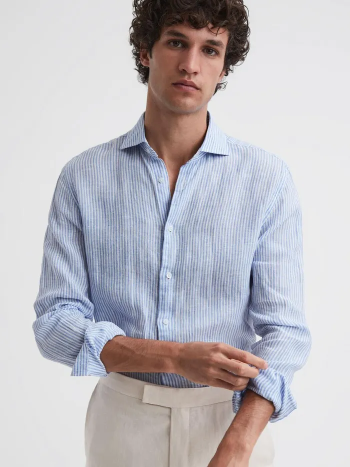 Men Ruban Linen Long Sleeve Shirt Blue Stripe Reiss Shirts