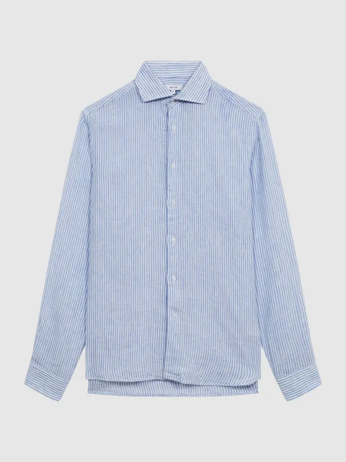 Men Ruban Linen Long Sleeve Shirt Blue Stripe Reiss Shirts