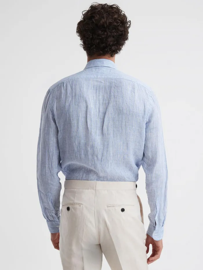 Men Ruban Linen Long Sleeve Shirt Blue Stripe Reiss Shirts