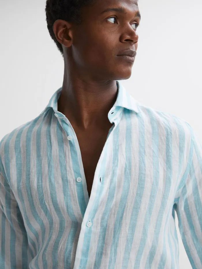 Men Ruban Linen Regular Fit Shirt Aquamarine Stripe Reiss Shirts