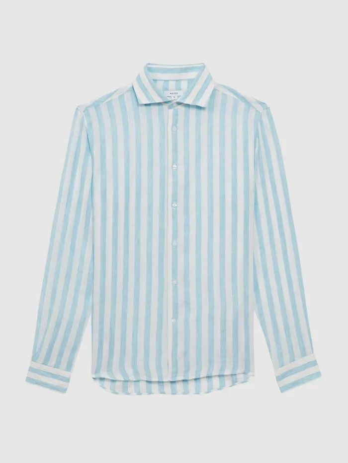 Men Ruban Linen Regular Fit Shirt Aquamarine Stripe Reiss Shirts