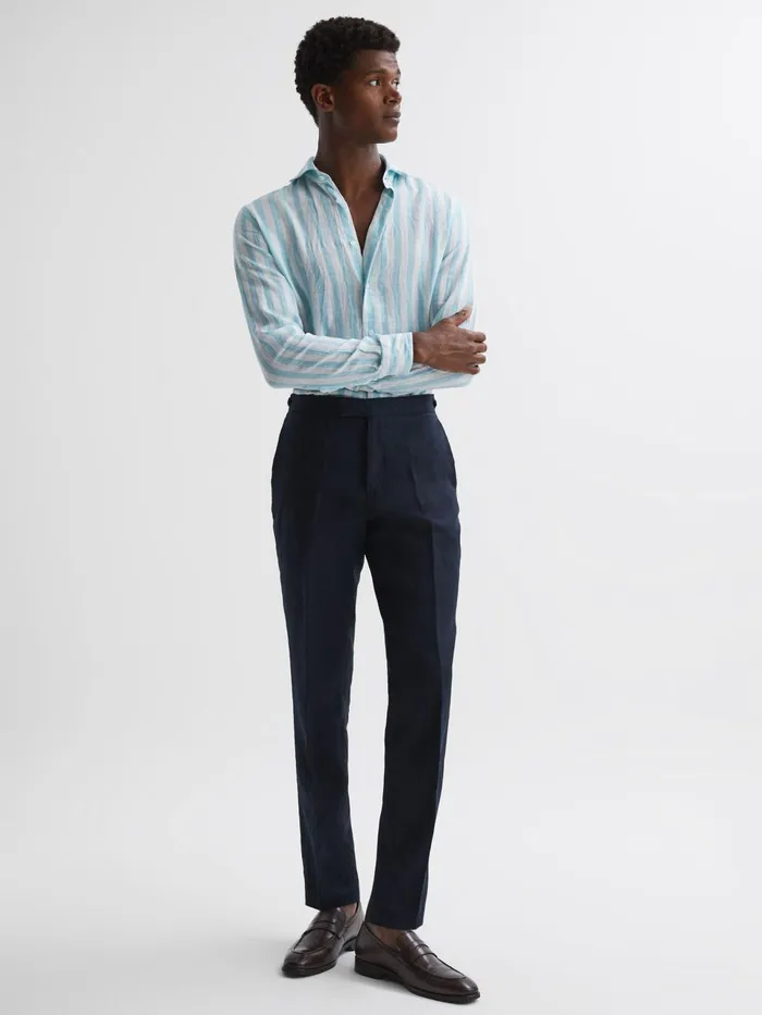Men Ruban Linen Regular Fit Shirt Aquamarine Stripe Reiss Shirts