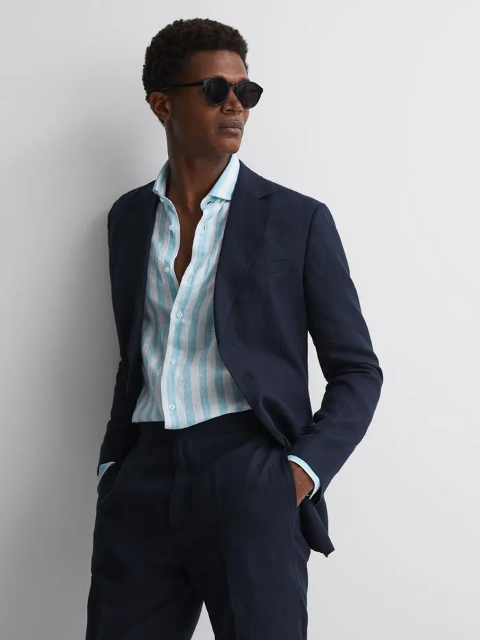 Men Ruban Linen Regular Fit Shirt Aquamarine Stripe Reiss Shirts