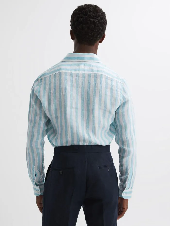 Men Ruban Linen Regular Fit Shirt Aquamarine Stripe Reiss Shirts