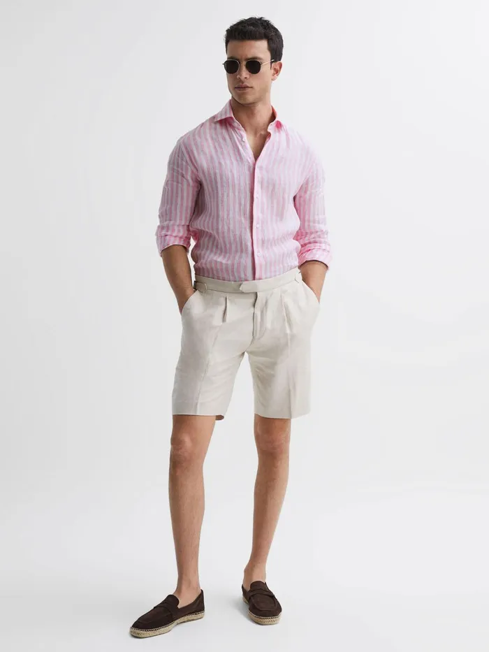 Men Ruban Slim Fit Linen Shirt Soft Pink Herringbone Stripe Reiss Shirts
