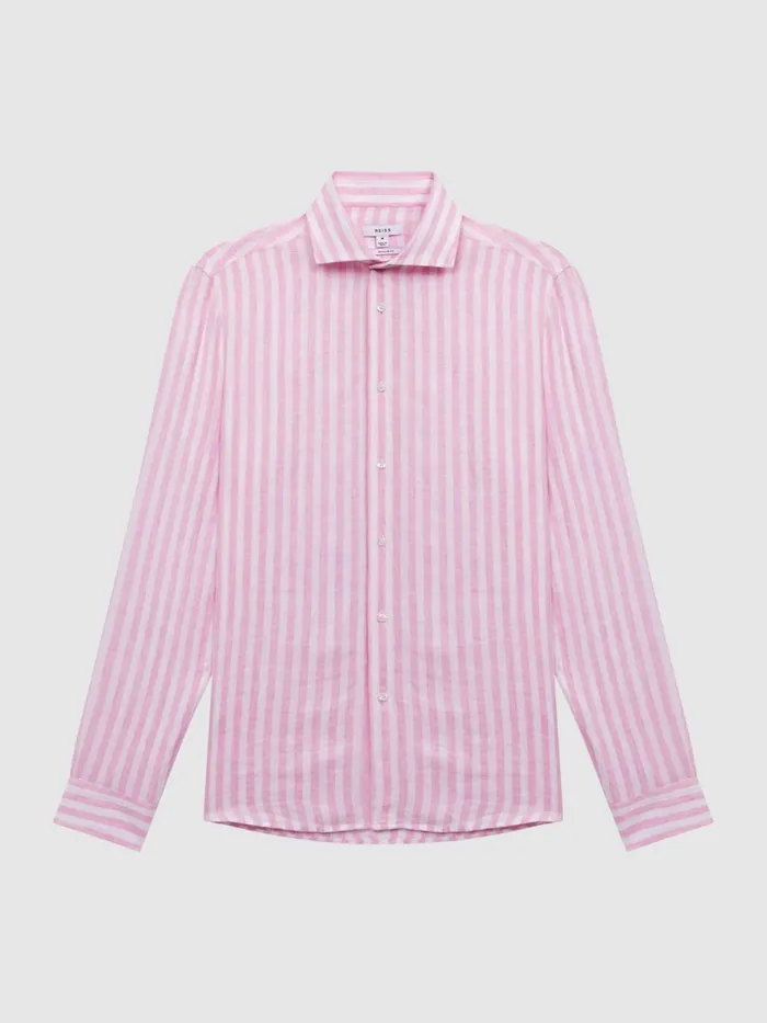 Men Ruban Slim Fit Linen Shirt Soft Pink Herringbone Stripe Reiss Shirts