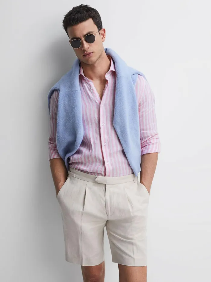 Men Ruban Slim Fit Linen Shirt Soft Pink Herringbone Stripe Reiss Shirts