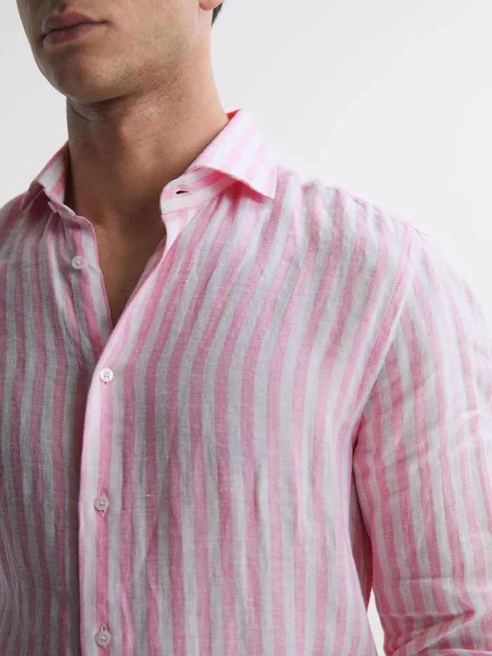 Men Ruban Slim Fit Linen Shirt Soft Pink Herringbone Stripe Reiss Shirts
