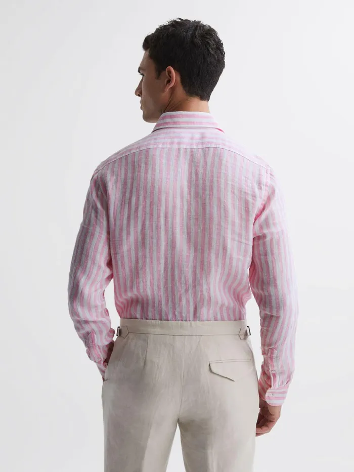 Men Ruban Slim Fit Linen Shirt Soft Pink Herringbone Stripe Reiss Shirts