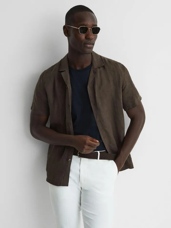 Men Rufus Regular Fit Linen Cuban Collar Shirt Bitter Chocolate Reiss Shirts