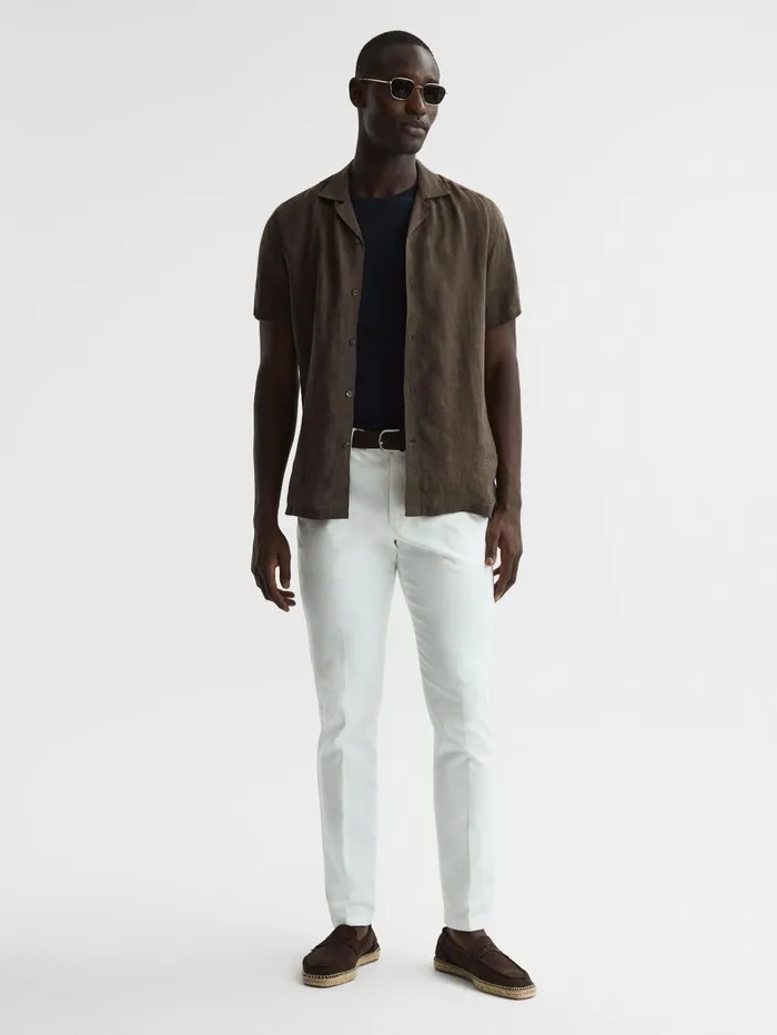 Men Rufus Regular Fit Linen Cuban Collar Shirt Bitter Chocolate Reiss Shirts