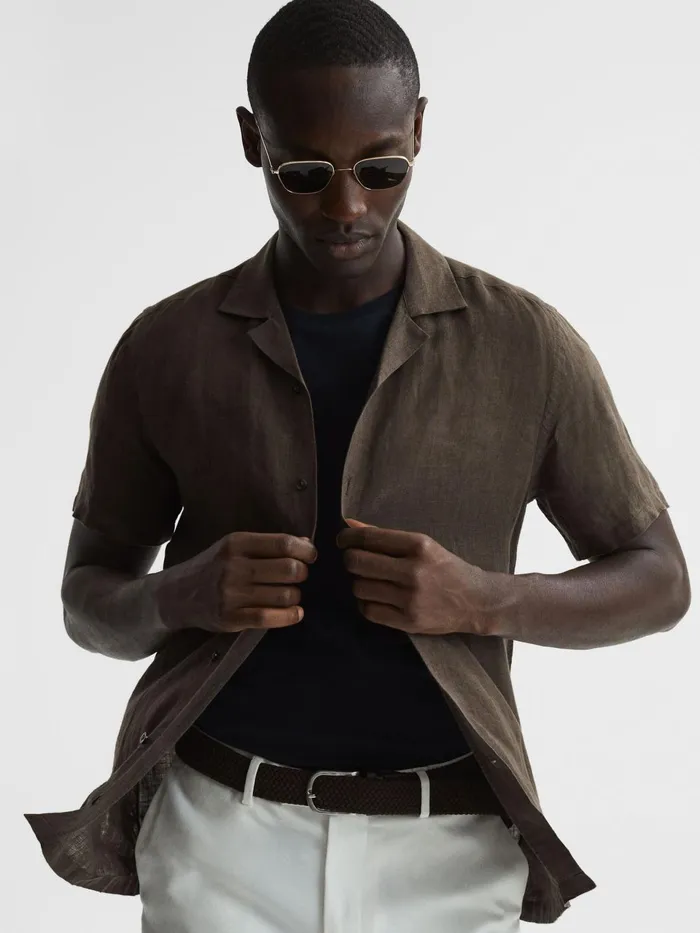 Men Rufus Regular Fit Linen Cuban Collar Shirt Bitter Chocolate Reiss Shirts