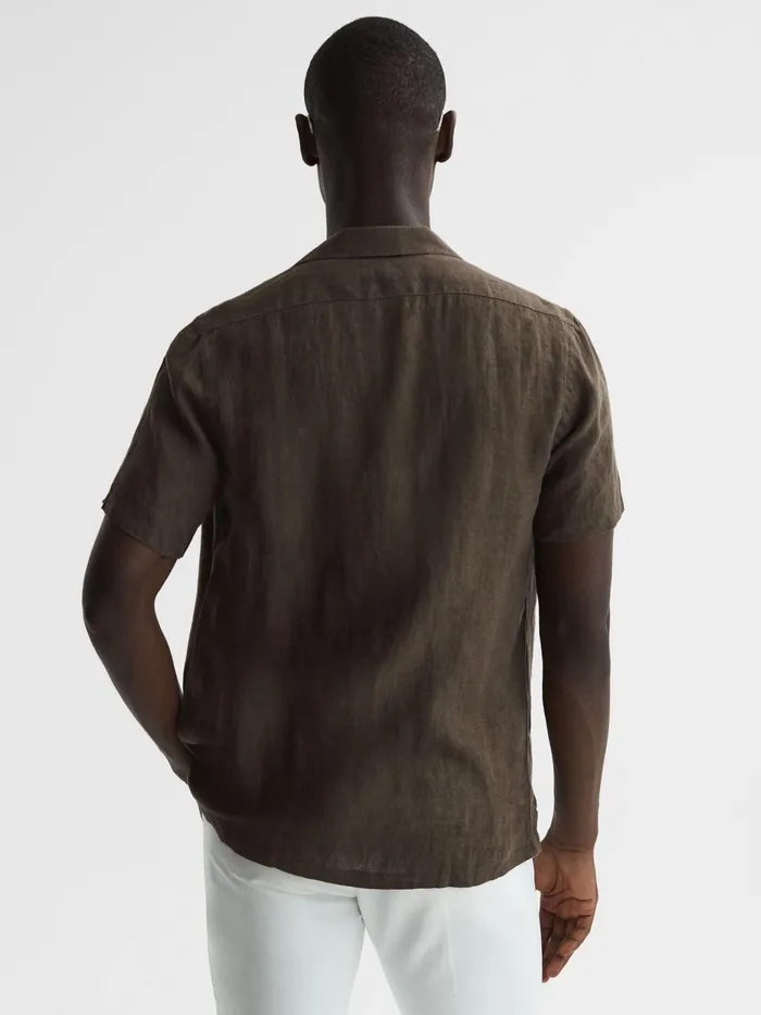 Men Rufus Regular Fit Linen Cuban Collar Shirt Bitter Chocolate Reiss Shirts