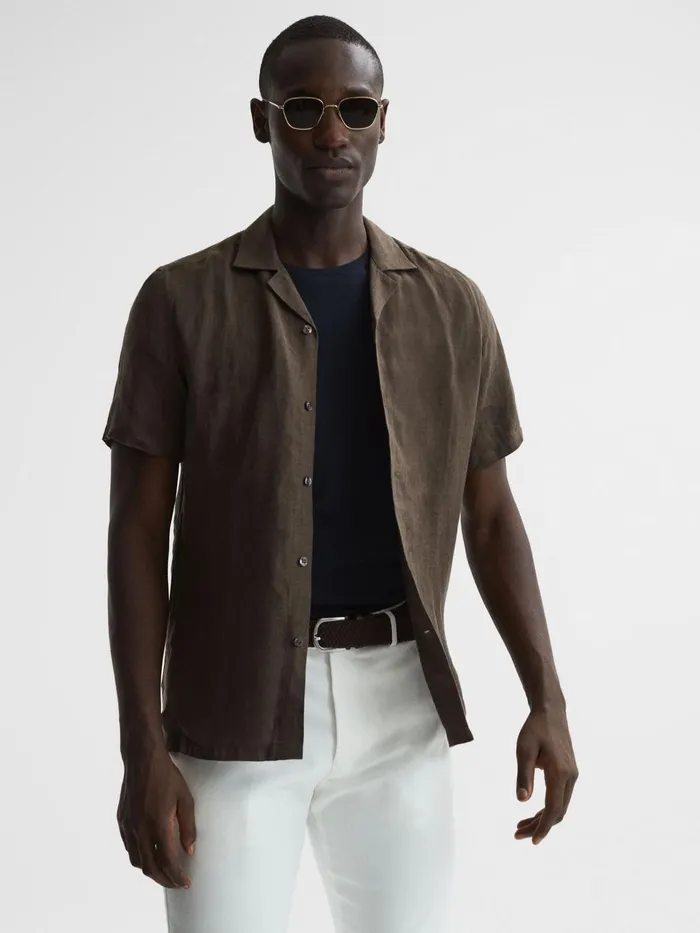 Men Rufus Regular Fit Linen Cuban Collar Shirt Bitter Chocolate Reiss Shirts