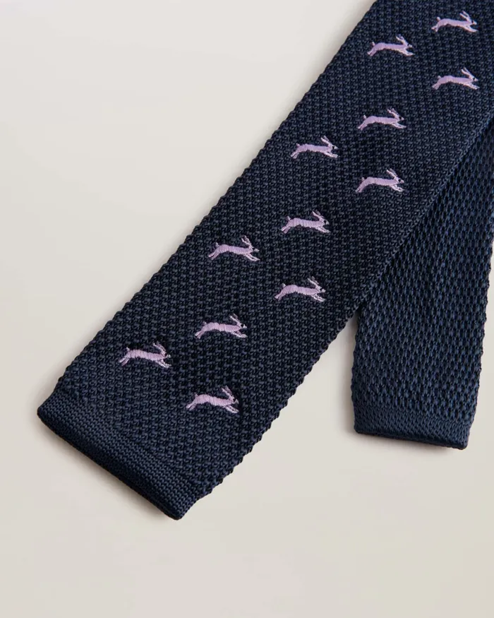 Men SANFRED 8211 Embroidered Flat Edge Knit Tie Navy Ted Baker Ties and Bowties