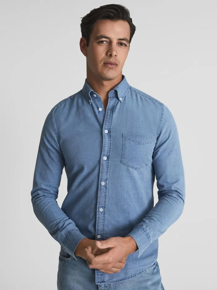 Men Sark Chambray ButtonDown Shirt Blue Reiss Shirts