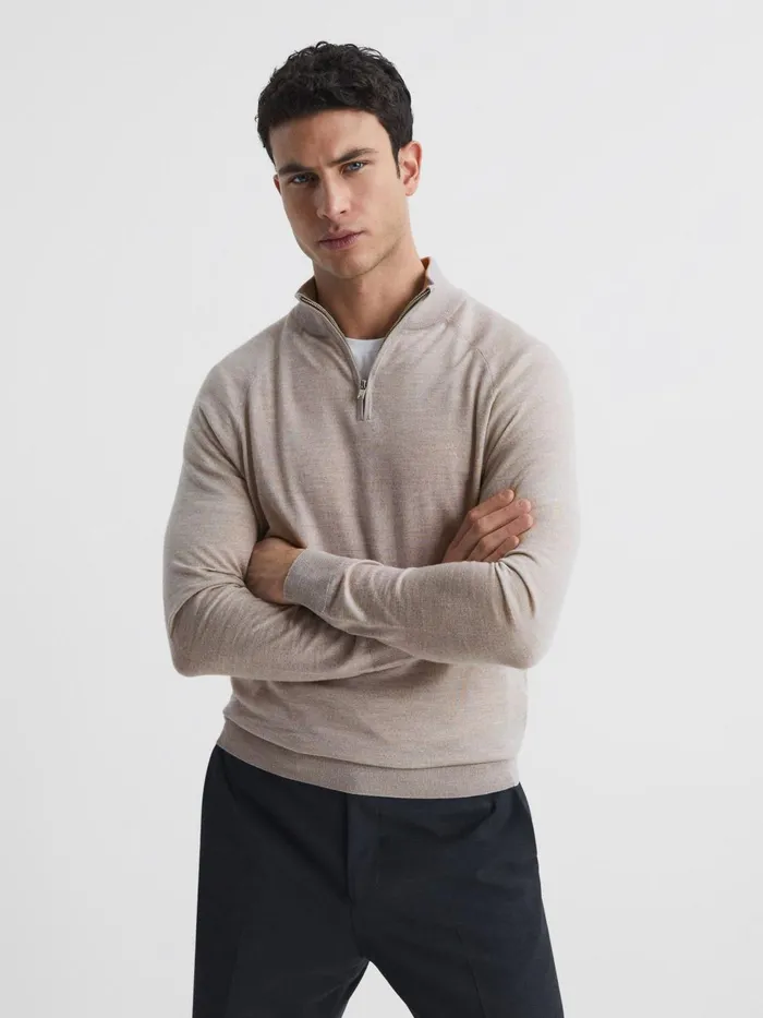 Men Sierra Merino Silk Slim Fit Zip Neck Jumper Oatmeal Reiss Knitwear