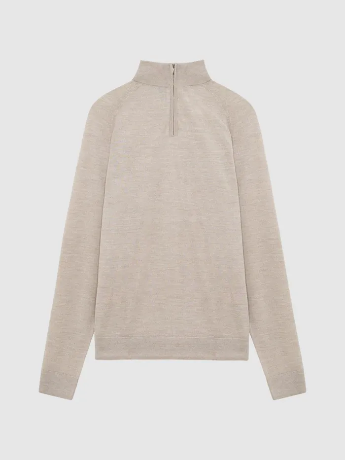 Men Sierra Merino Silk Slim Fit Zip Neck Jumper Oatmeal Reiss Knitwear