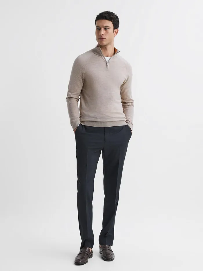 Men Sierra Merino Silk Slim Fit Zip Neck Jumper Oatmeal Reiss Knitwear